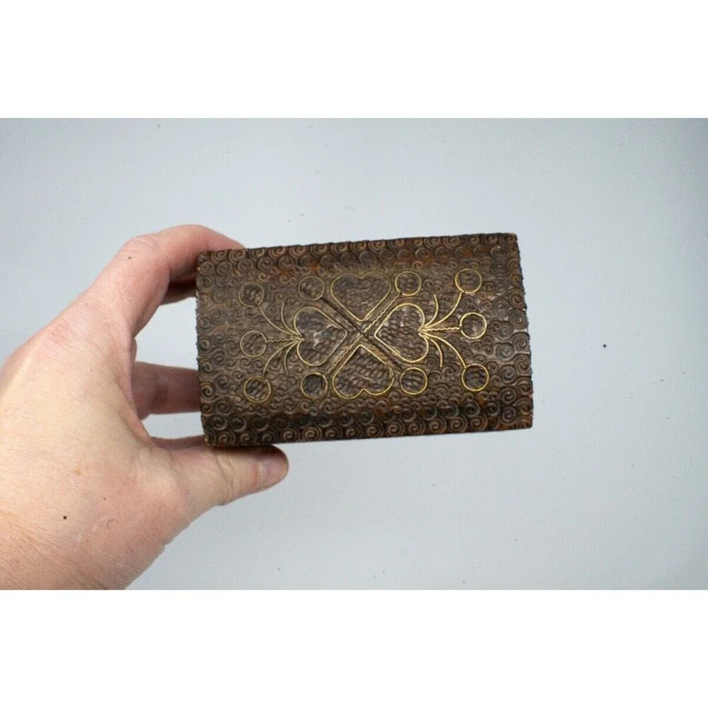 Vintage small polish trinket box wood carved metal inlay